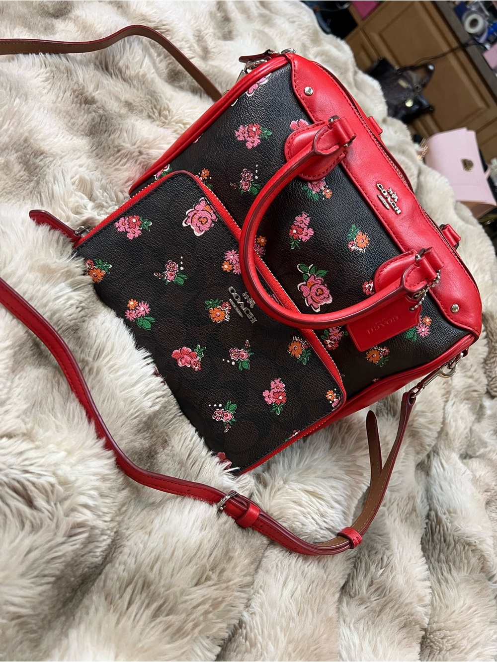 COACH Floral Print Coated Canvas Mini Bennett Satchel w Matched Wallet MSRP $475